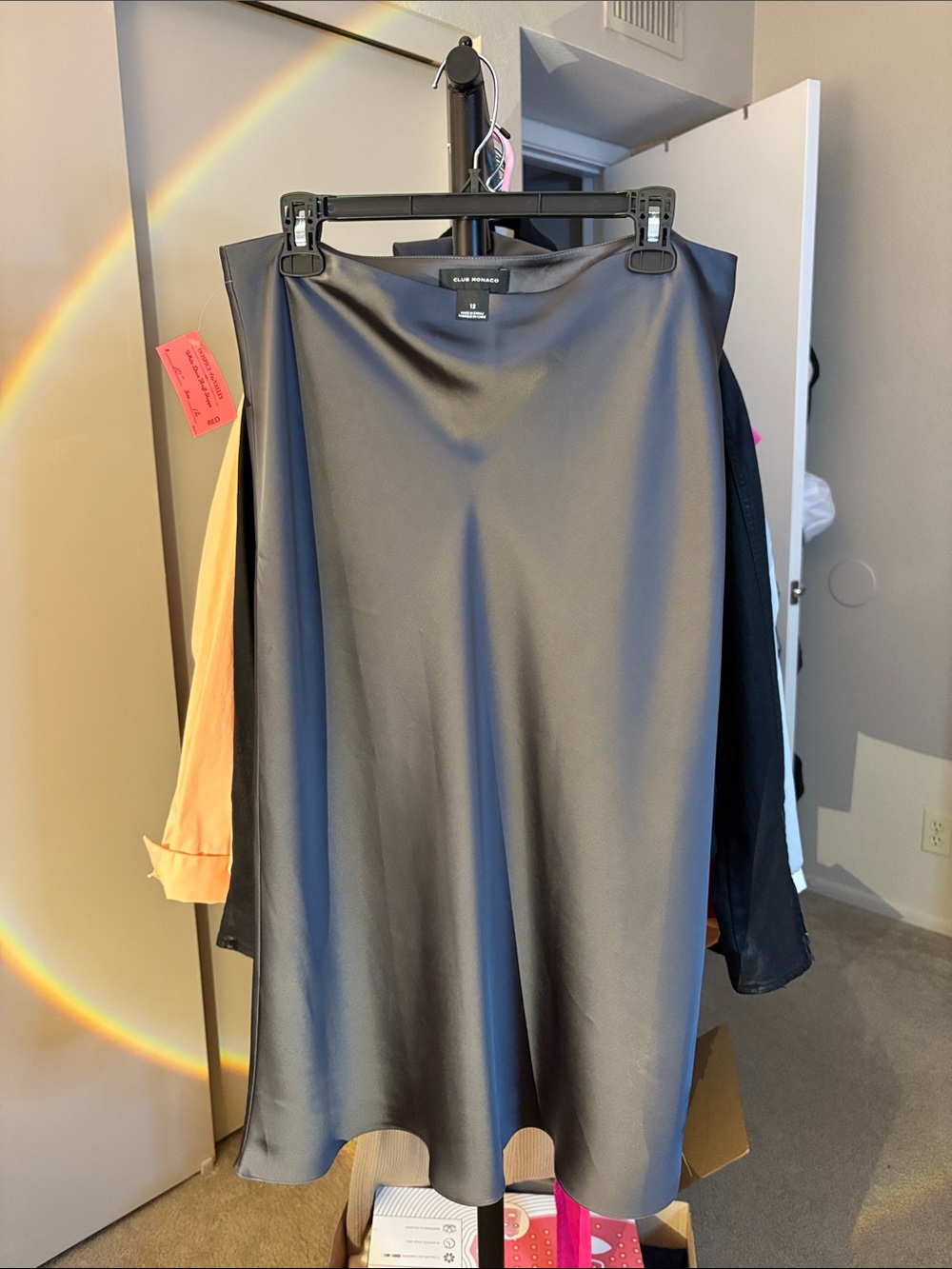 Club Monaco Black Satin A-Line Midi Skirt